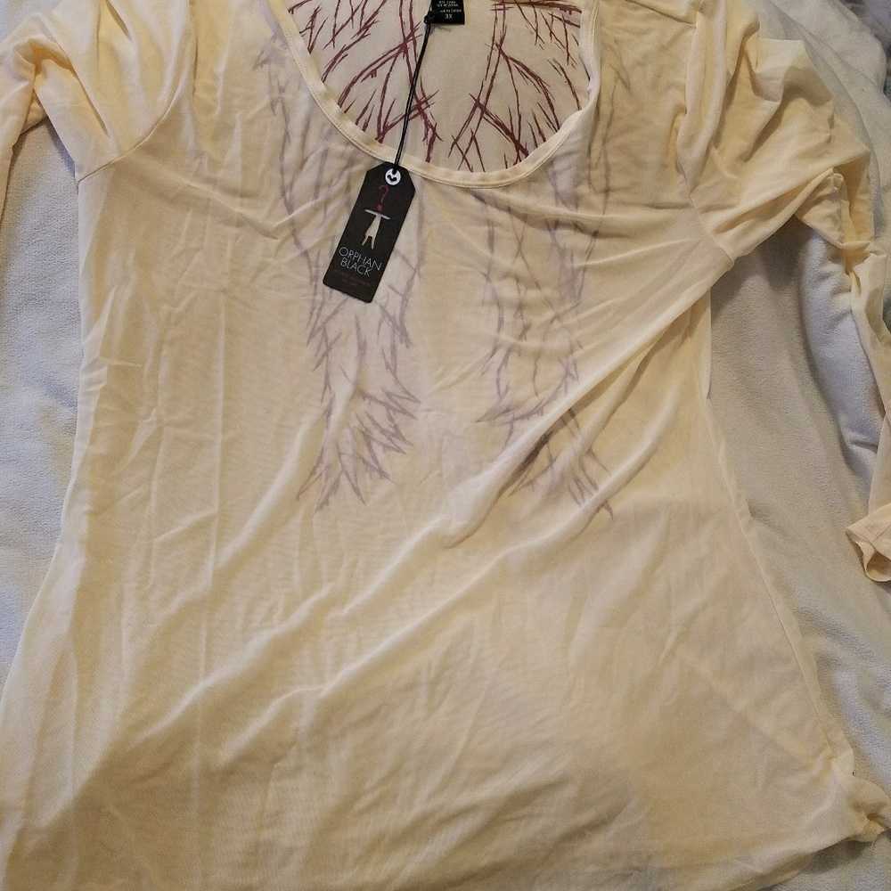 Pale pink sheer long sleeve top with red wings